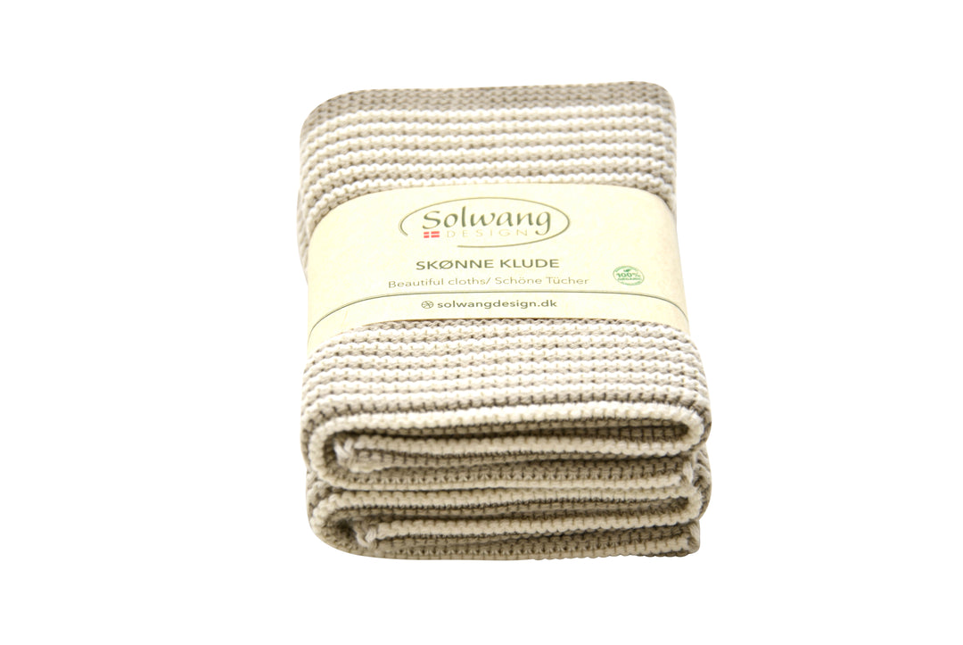 SOL - 0213 - Solwang - 2 Stück gestrickte BIO Wischtücher mit Natur/Khaki Streifen, 25x25cm