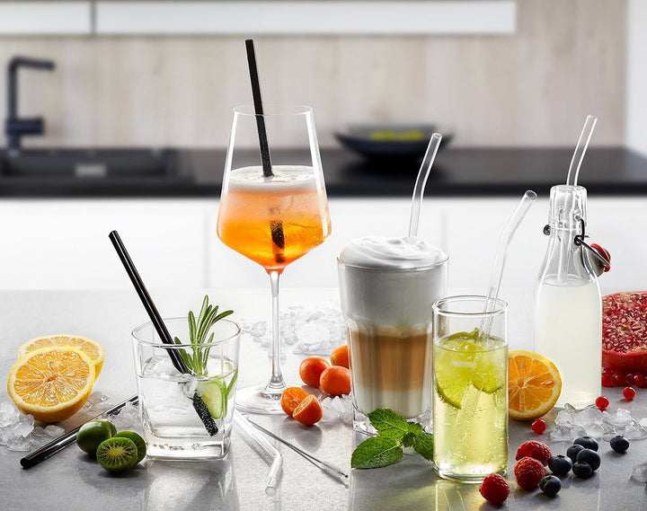 GEF - 12704 - Gefu, Glastrinkhalm FUTURE, 23cm, gebogene Form, 4 Stück mit Bürste