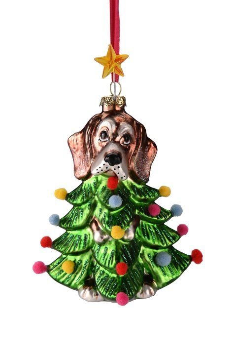 GICO - 1186901020 - Hänger Dogge mit Weihnachtsbaum Kostüm grün/braun, Gift Company, Glas