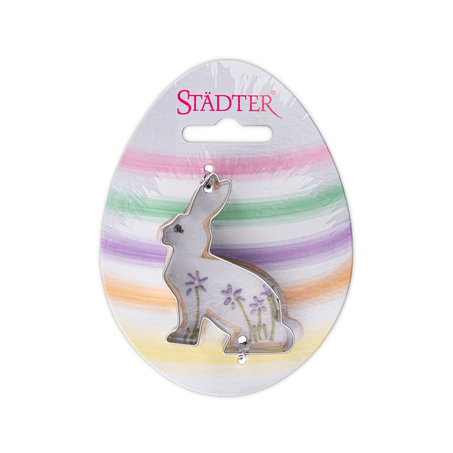 STA - 160409 - Städter, Ausstecher Hase sitzend auf Karte, Edelstahl, 6,5cm