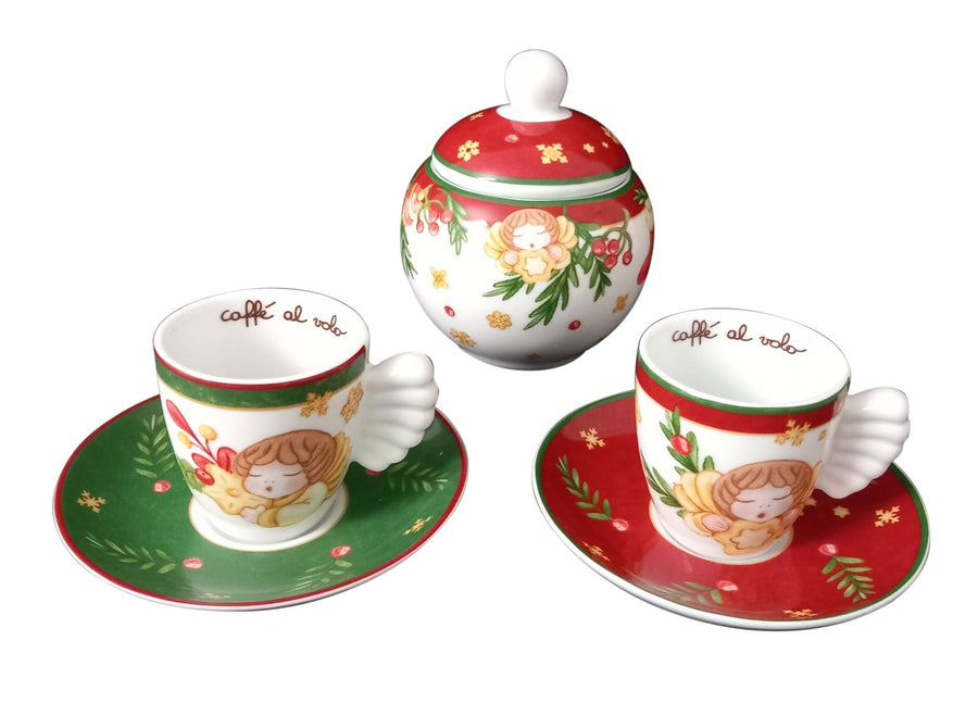 P5077A91 - Thun 'Set 2 Espressotassen + Zuckerdose, Porzellan Sorprese di Natale'