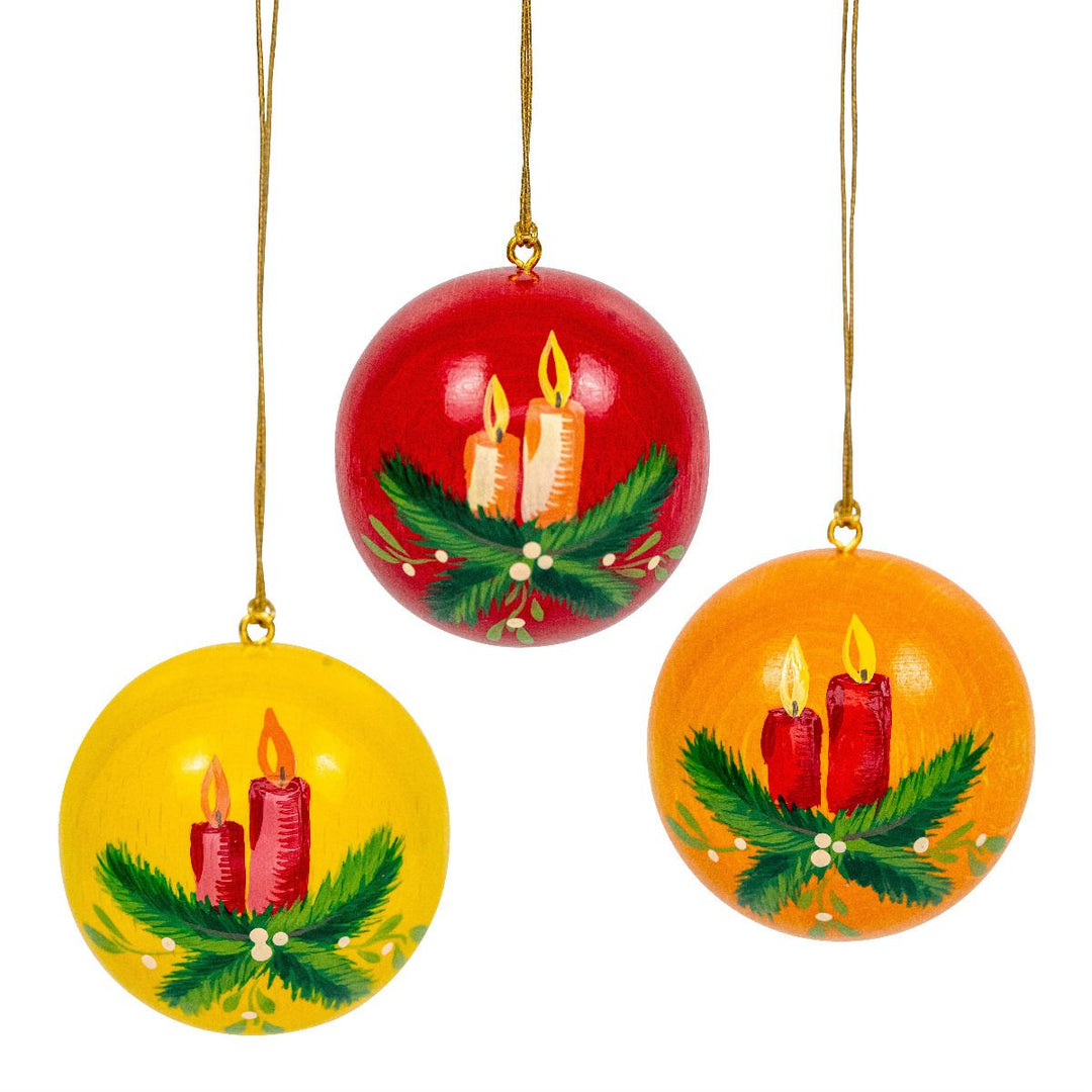 UHL - 199/901 - Uhlig Holzkunst - Weihnachtskugeln rot, orange, gelb, Zweig mit Kerze, 3 Stück 4cm, handbemalt