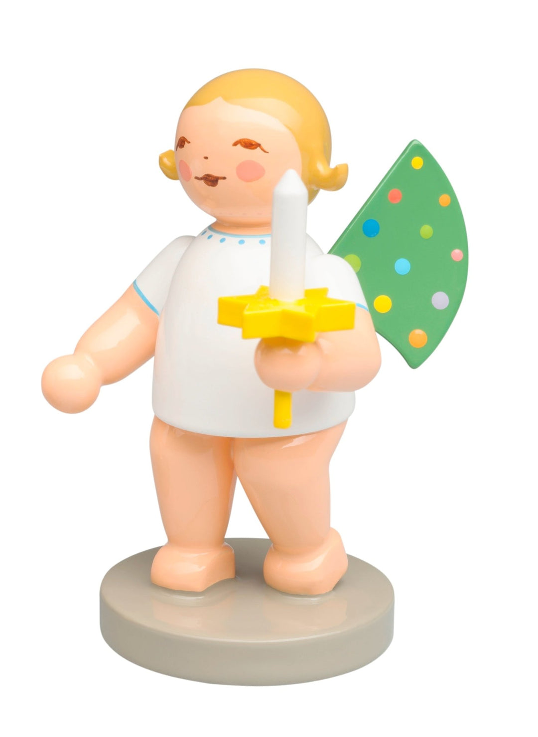 WUK - 650/2024/WCF/LE - blond - Kerze - links - Wendt & Kühn 'Engel mit farbigen Flügelpunkten, 25 Jahre - 6cm' 2024