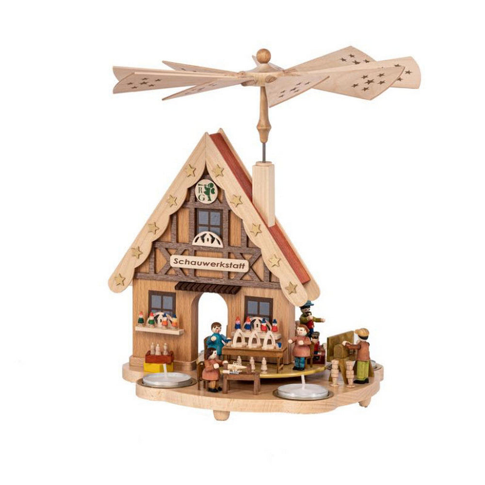 RGL - 16254 - Glässer Volkskunst Tischpyramide Haus Schauwerkstatt für Teelichter, 29cm