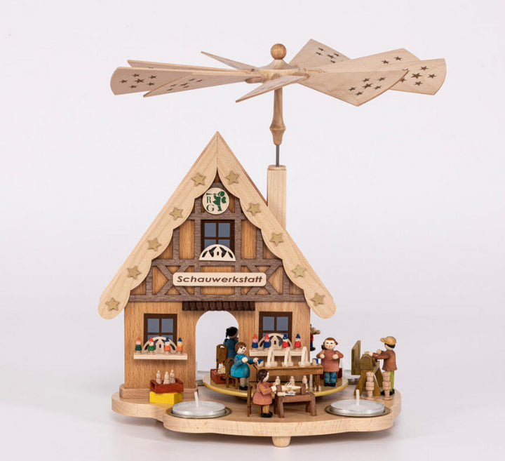 RGL - 16254 - Glässer Volkskunst Tischpyramide Haus Schauwerkstatt für Teelichter, 29cm