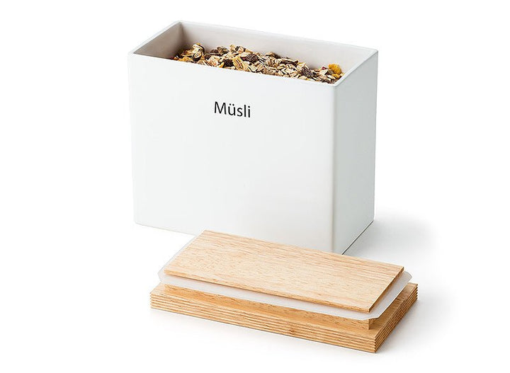 3928000 - Continenta - Vorratsdose Keramik mit Holzdeckel, weiß 20x10x18,5cm