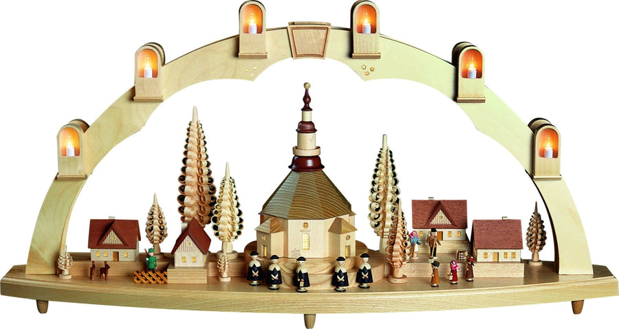 RGL - 01004 - Glässer Volkskunst 'Schwibbogen Seiffener Kirche mit Dorf, elektrisch' 41x80cm