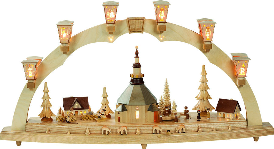 RGL - 01025 - Glässer Volkskunst 'Schwibbogen Seiffener Kirche mit Kurrende elektrisch' 41x80cm