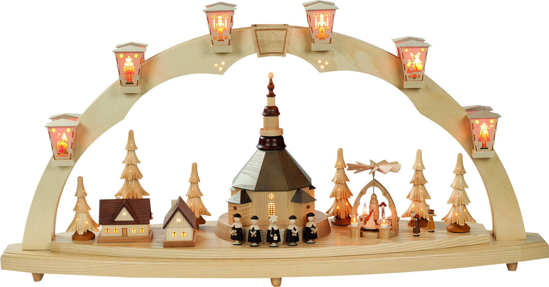 RGL - 01027 - Glässer Volkskunst 'Schwibbogen Seiffener Kirche mit Pyramide, elektrisch' 40x80cm
