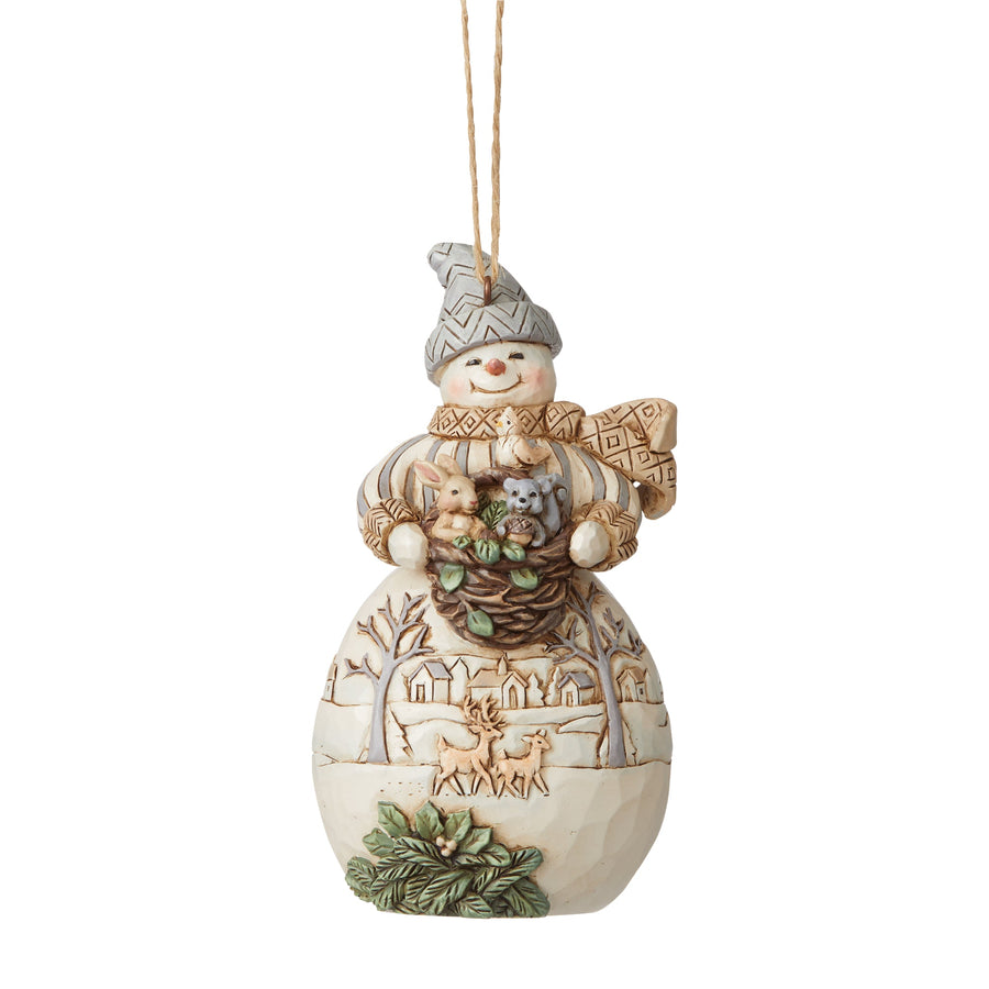 Jim Shore - White Woodland 'Snowman with Bucket & Animals (Hanging Ornament) N' 2021-6008868
