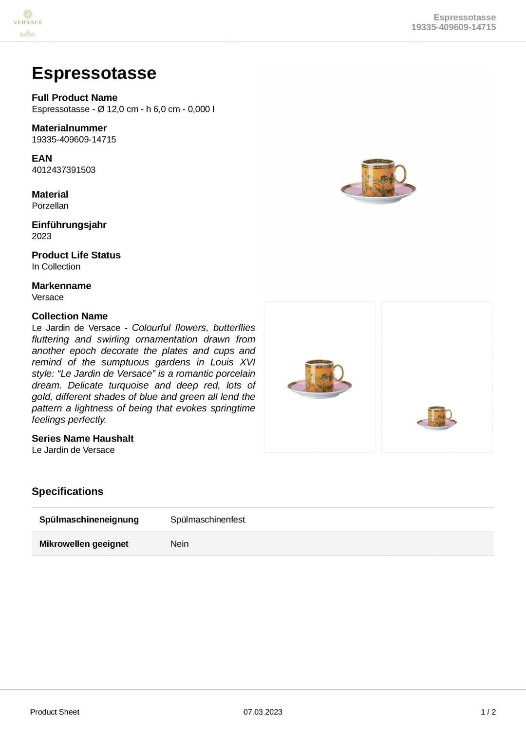 19335 - 409609 - 14715 - Rosenthal Versace - Le jardin de Versace 'Espressotasse 2 - teilig' 2023