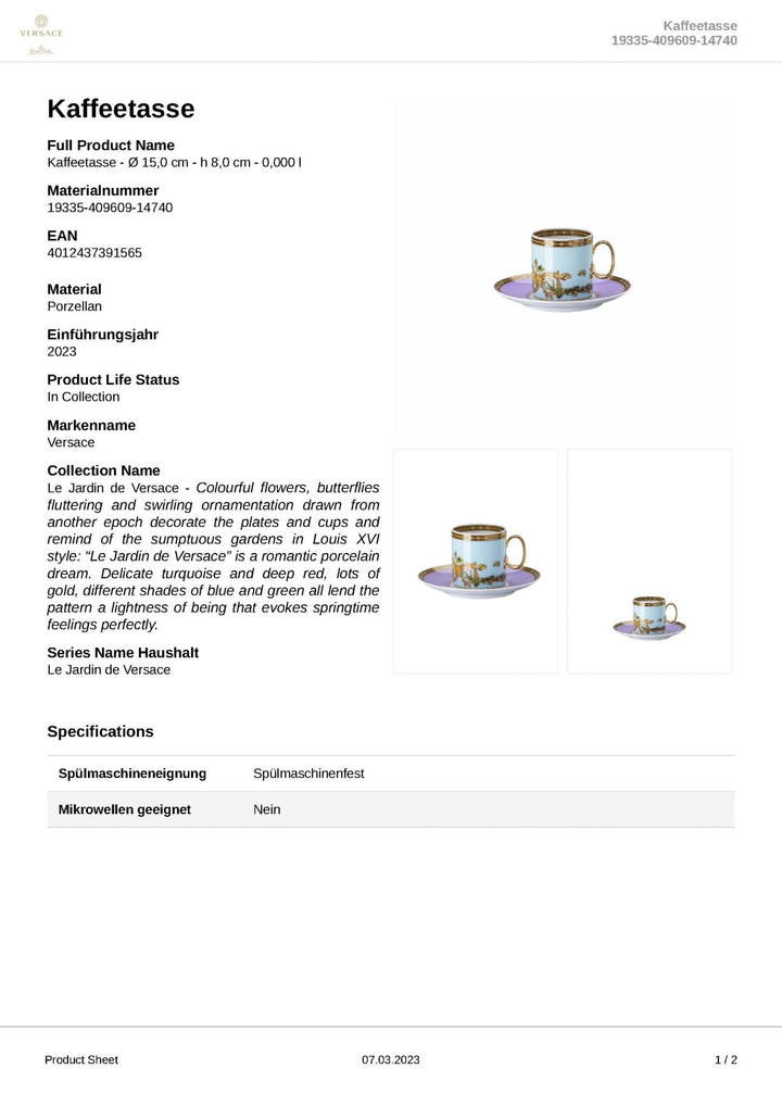 19335 - 409609 - 14740 - Rosenthal Versace - Le jardin de Versace 'Kaffeetasse 2 - teilig' 2023