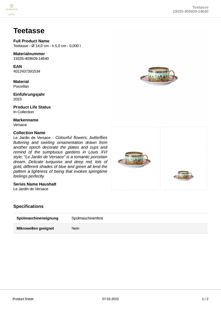 19335 - 409609 - 14640 - Rosenthal Versace - Le jardin de Versace 'Teetasse 2 - teilig' 2023