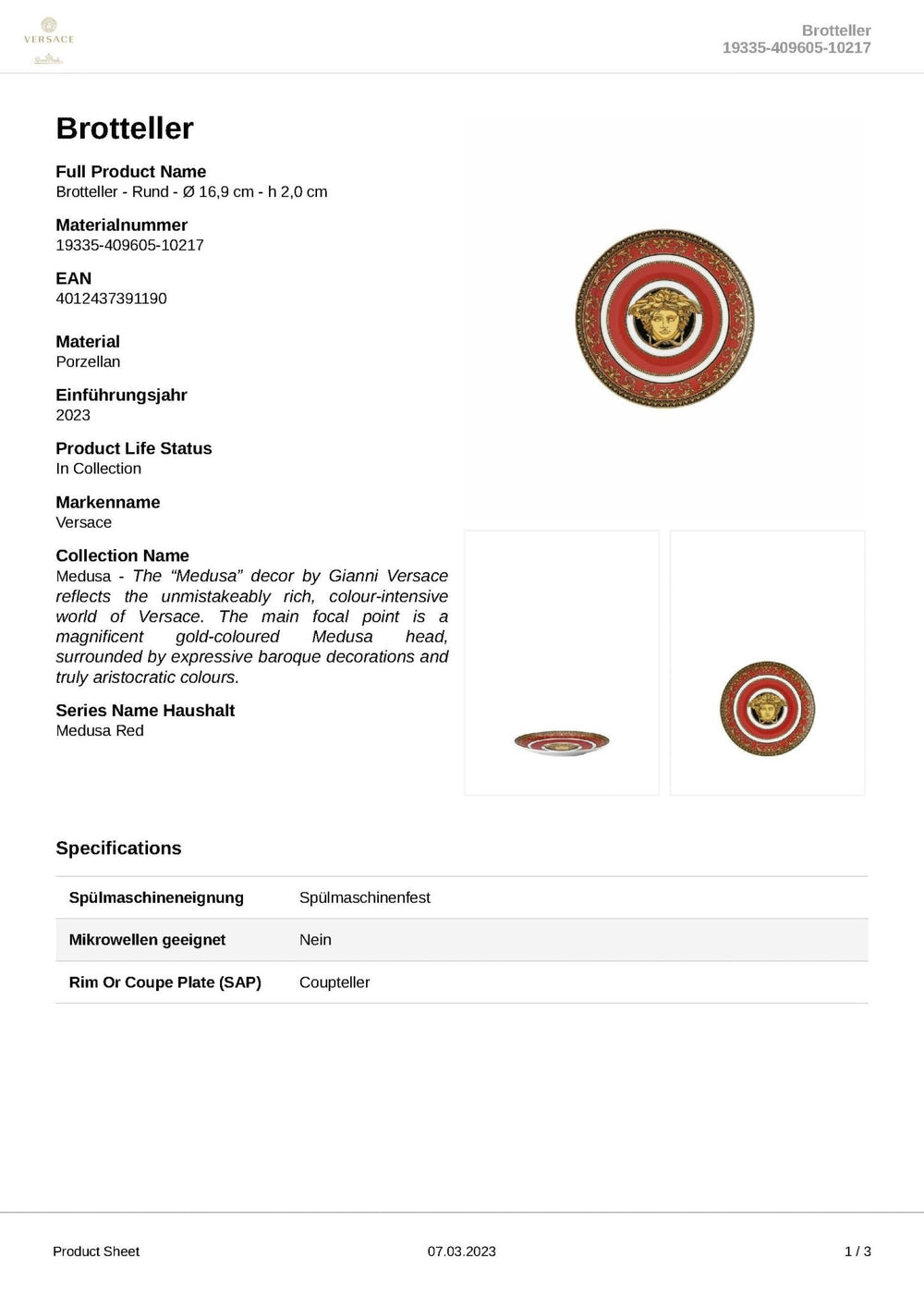 19335 - 409605 - 10217 - Rosenthal Versace - Medusa 'Brotteller 17 cm' 2023