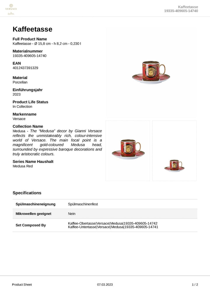 19335 - 409605 - 14740 - Rosenthal Versace - Medusa 'Kaffeetasse 2 - teilig' 2023