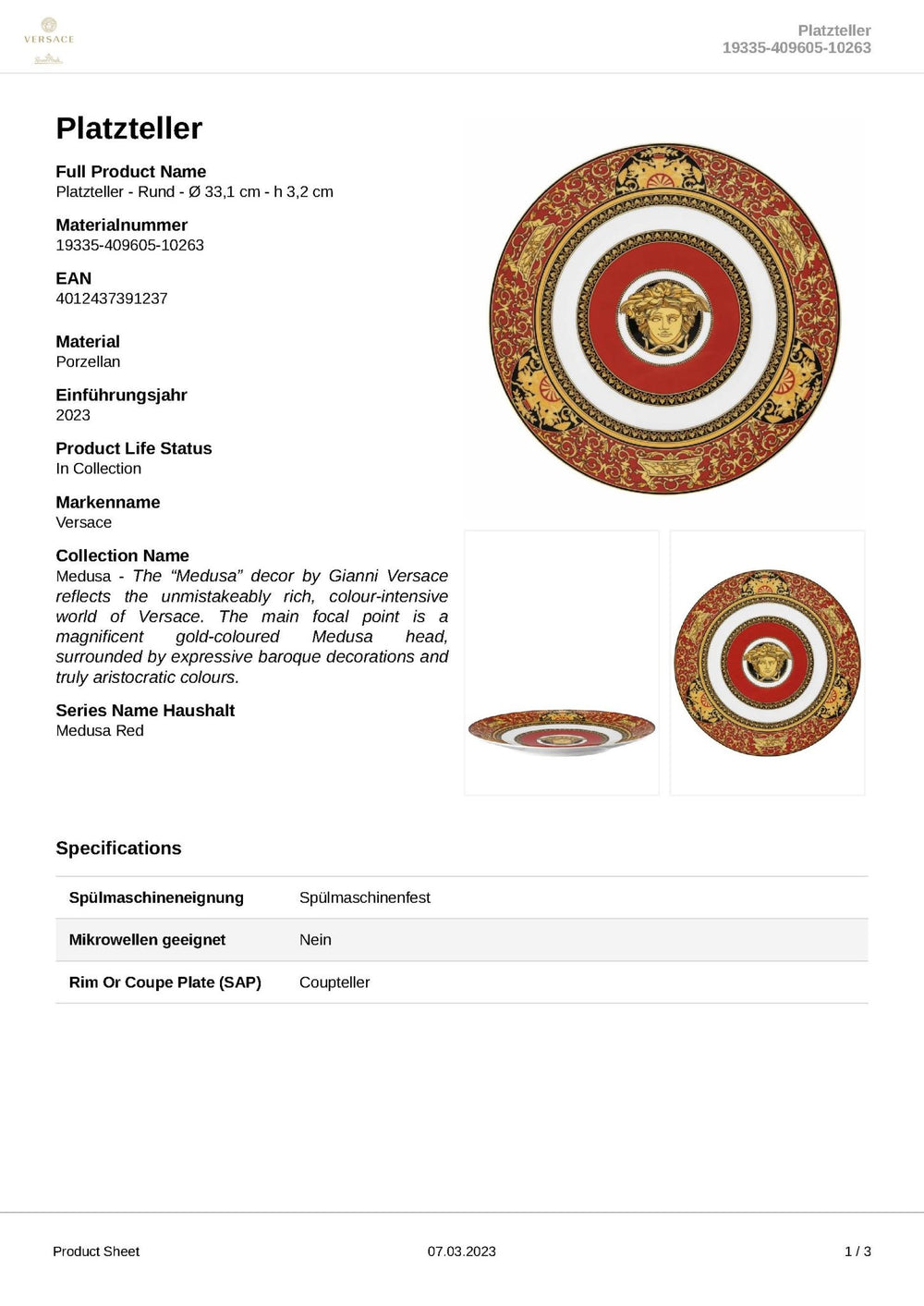 19335 - 409605 - 10263 - Rosenthal Versace - Medusa 'Platzteller 33 cm' 2023