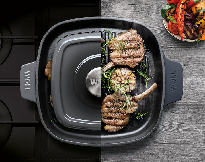 WO624 - 2CI - 010 - WOLL 'Iron Steakpfanne mit Rillen und Steakpresse in Chili Red 24x24 cm, 4,5cm'