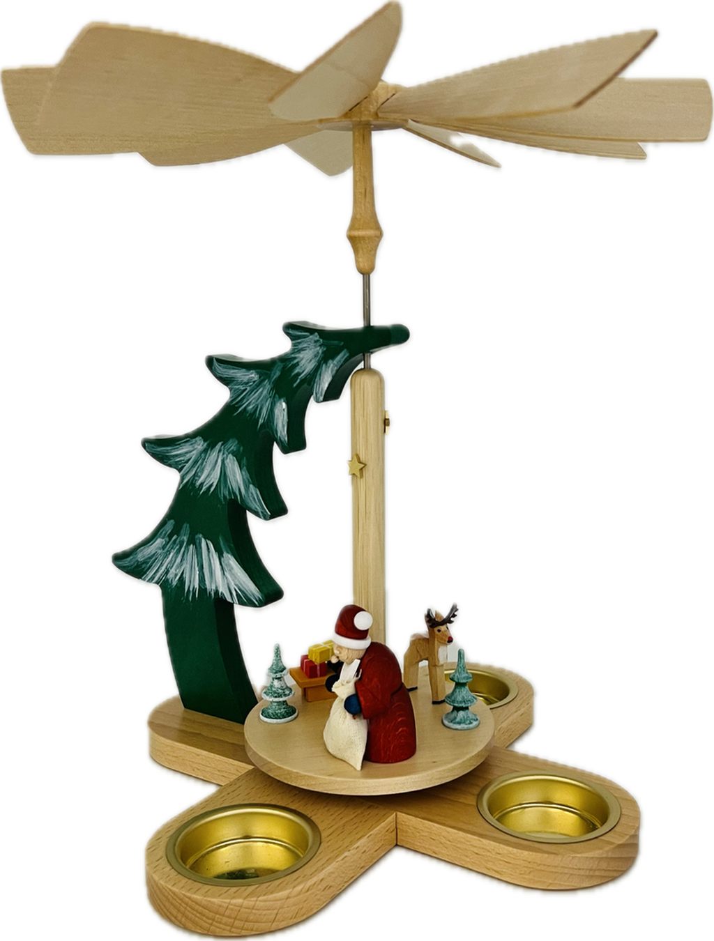 Pyramide Tanne, Glässer Volkskunst, Weihnachtsmann mit Rentier für Teelichter, 27cm RGL - 15876
