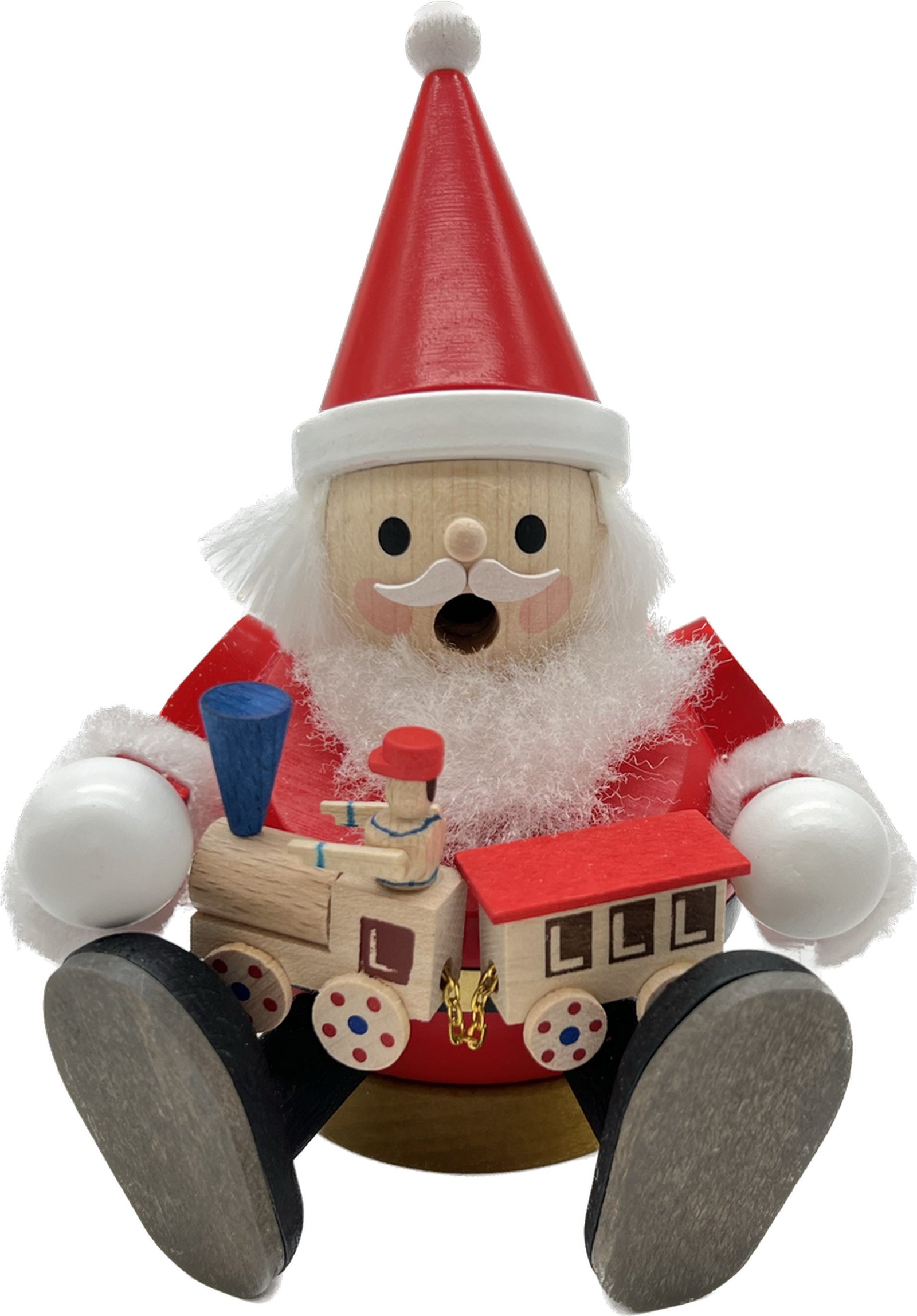 Kugelrauchmann Santa mit Eisenbahn, sitzend, Glässer Volkskunst, 15cm RGL - 26498