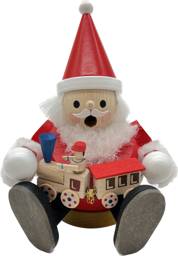 Kugelrauchmann Santa mit Eisenbahn, sitzend, Glässer Volkskunst, 15cm