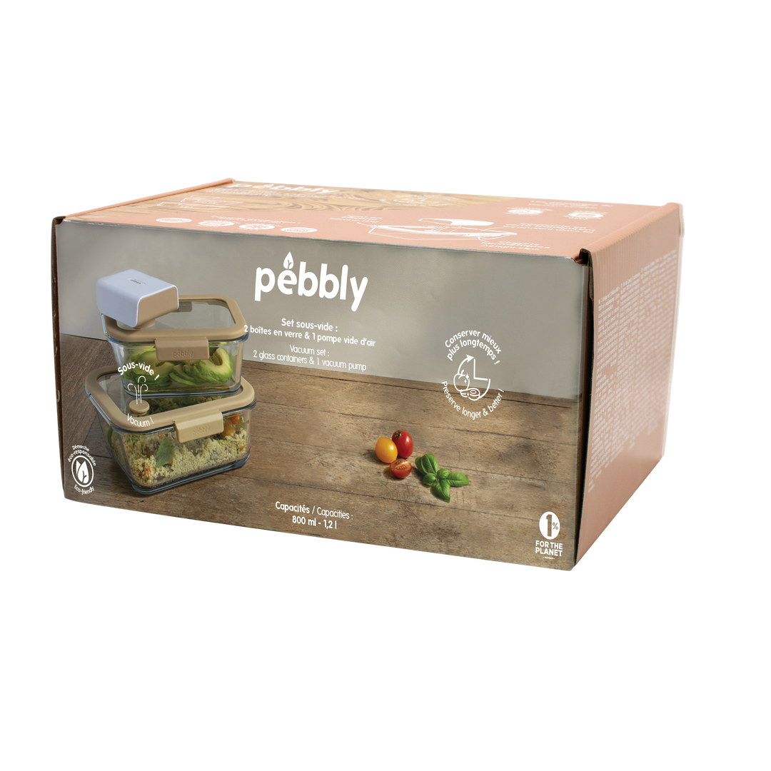 Pebbly - Lot de 3 : 2 boîtes rectangulaires et pompe à vide d’air