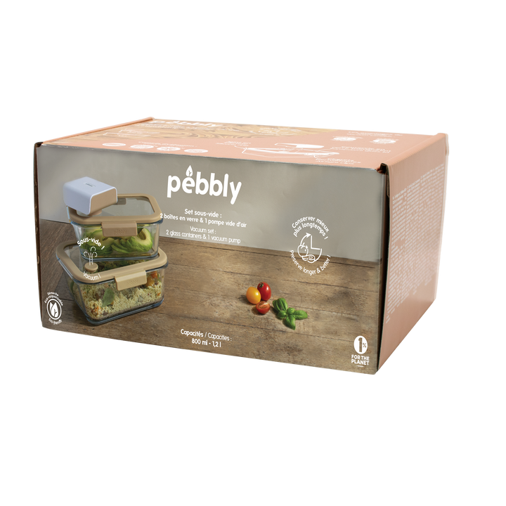 Pebbly - Lot de 3 : 2 boîtes rectangulaires et pompe à vide d’air