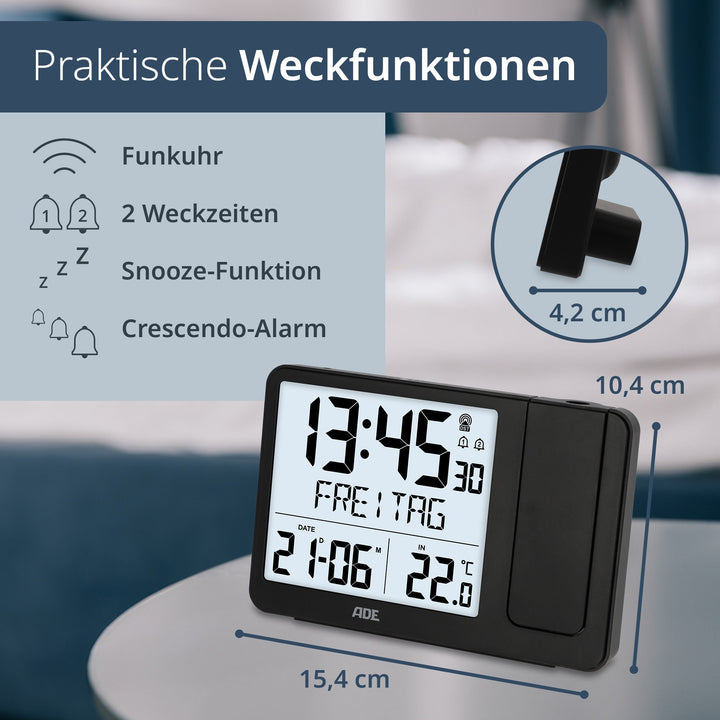 ADE-CK2406-1 - ADE - Digitale Funkuhr/Funkwecker mit Projektion in schwarz mit Außensensor