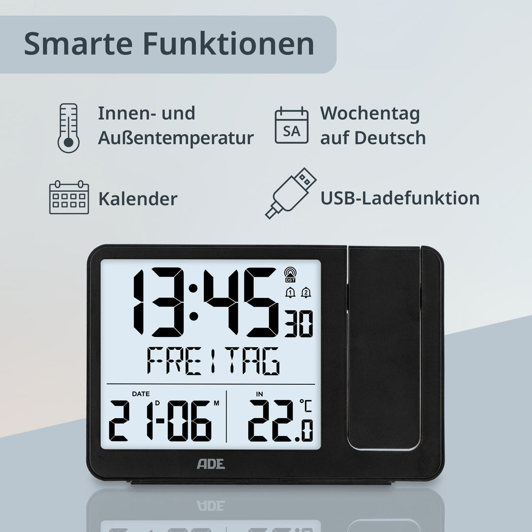 ADE-CK2406-1 - ADE - Digitale Funkuhr/Funkwecker mit Projektion in schwarz mit Außensensor