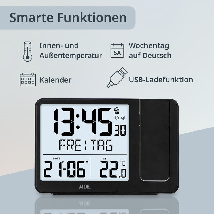 ADE-CK2406-1 - ADE - Digitale Funkuhr/Funkwecker mit Projektion in schwarz mit Außensensor