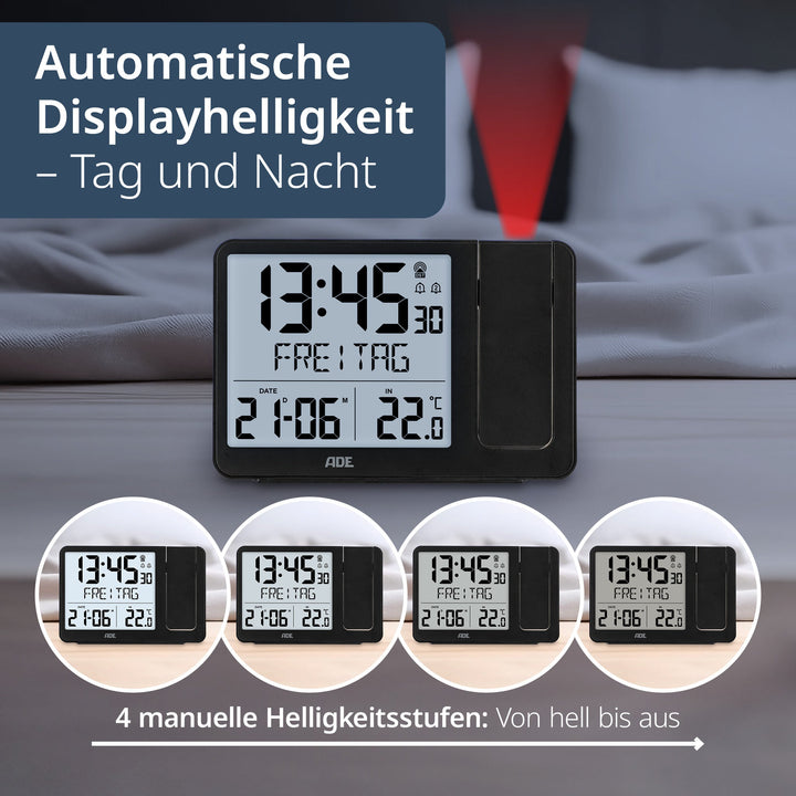 ADE-CK2406-1 - ADE - Digitale Funkuhr/Funkwecker mit Projektion in schwarz mit Außensensor