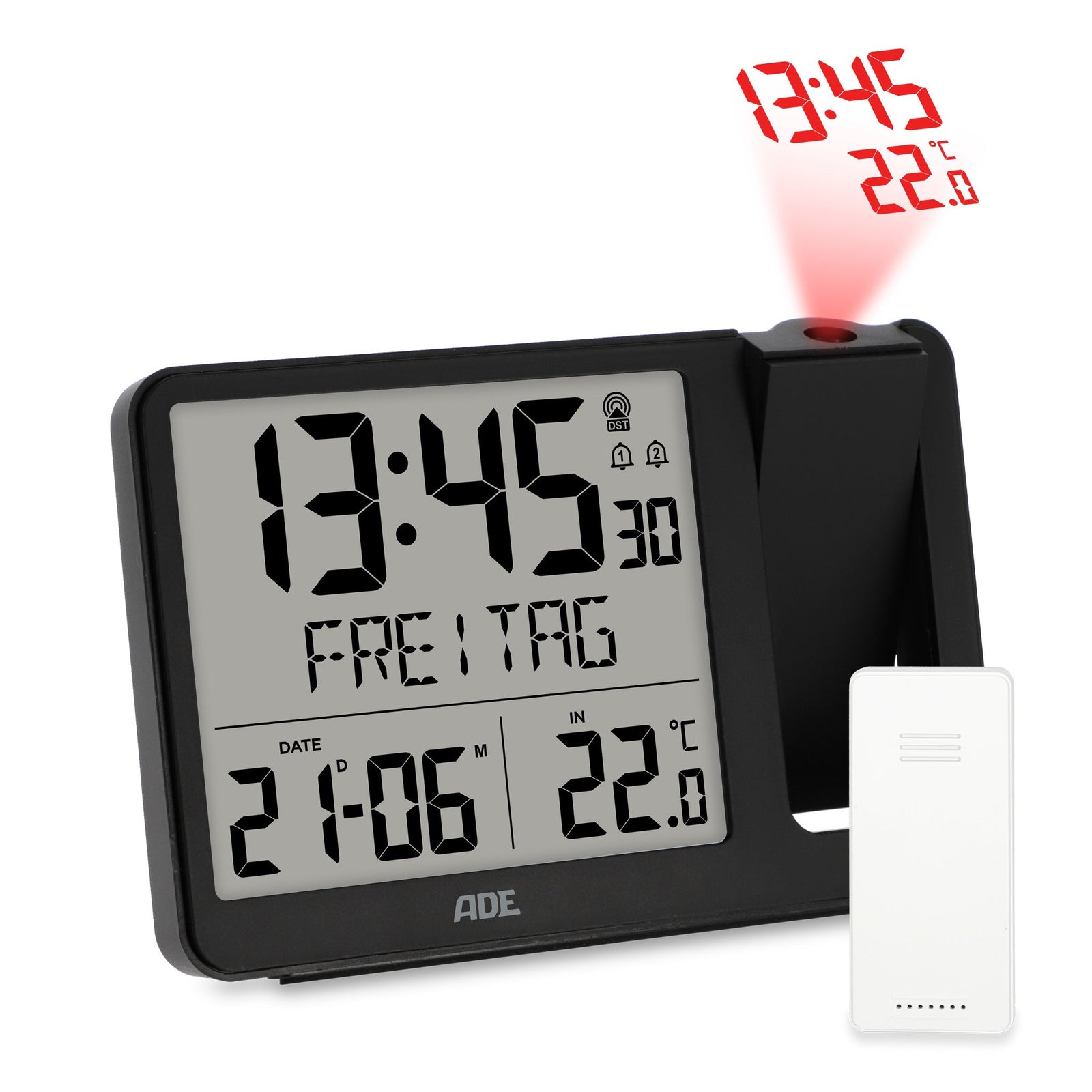 ADE-CK2406-1 - ADE - Digitale Funkuhr/Funkwecker mit Projektion in schwarz mit Außensensor