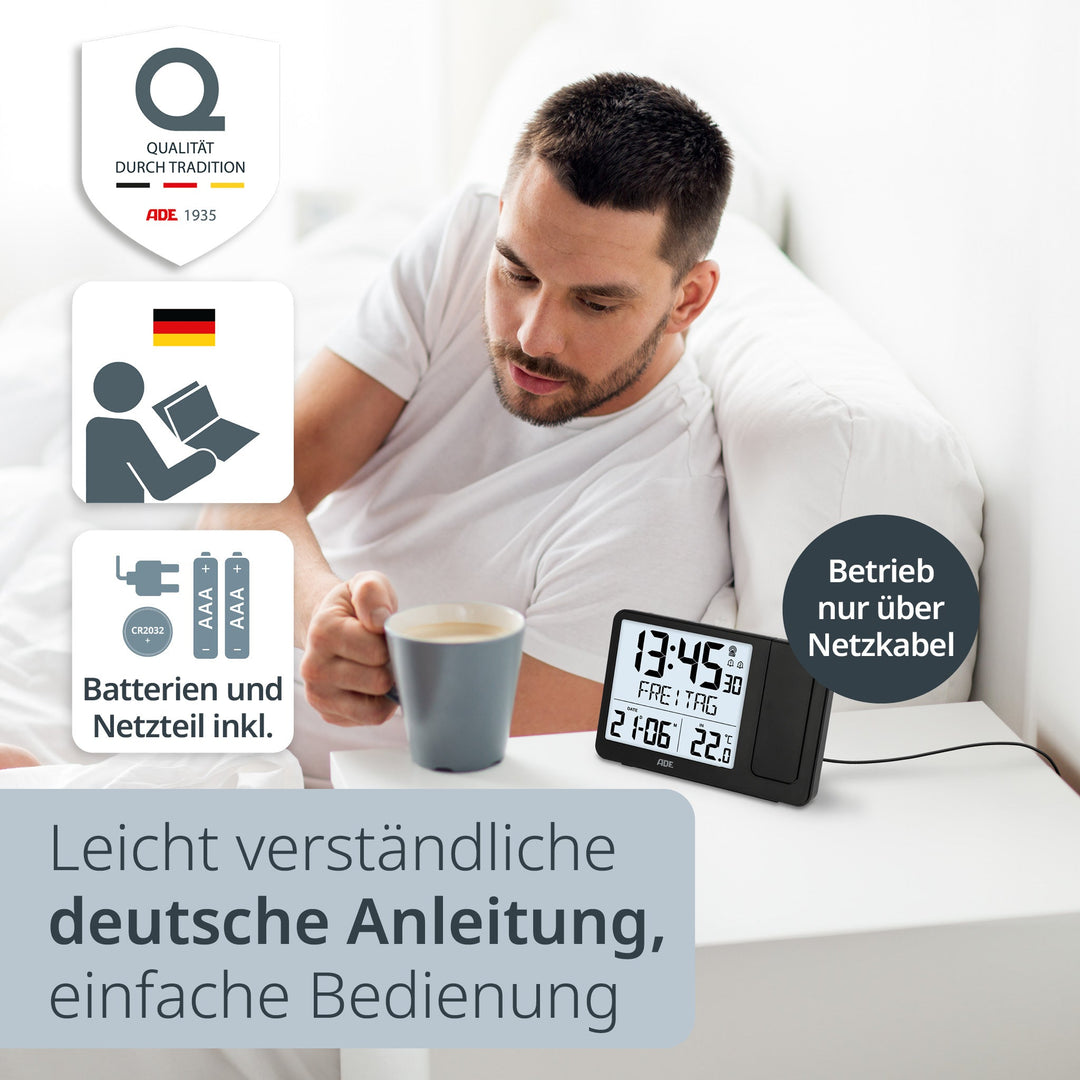 ADE-CK2406-1 - ADE - Digitale Funkuhr/Funkwecker mit Projektion in schwarz mit Außensensor