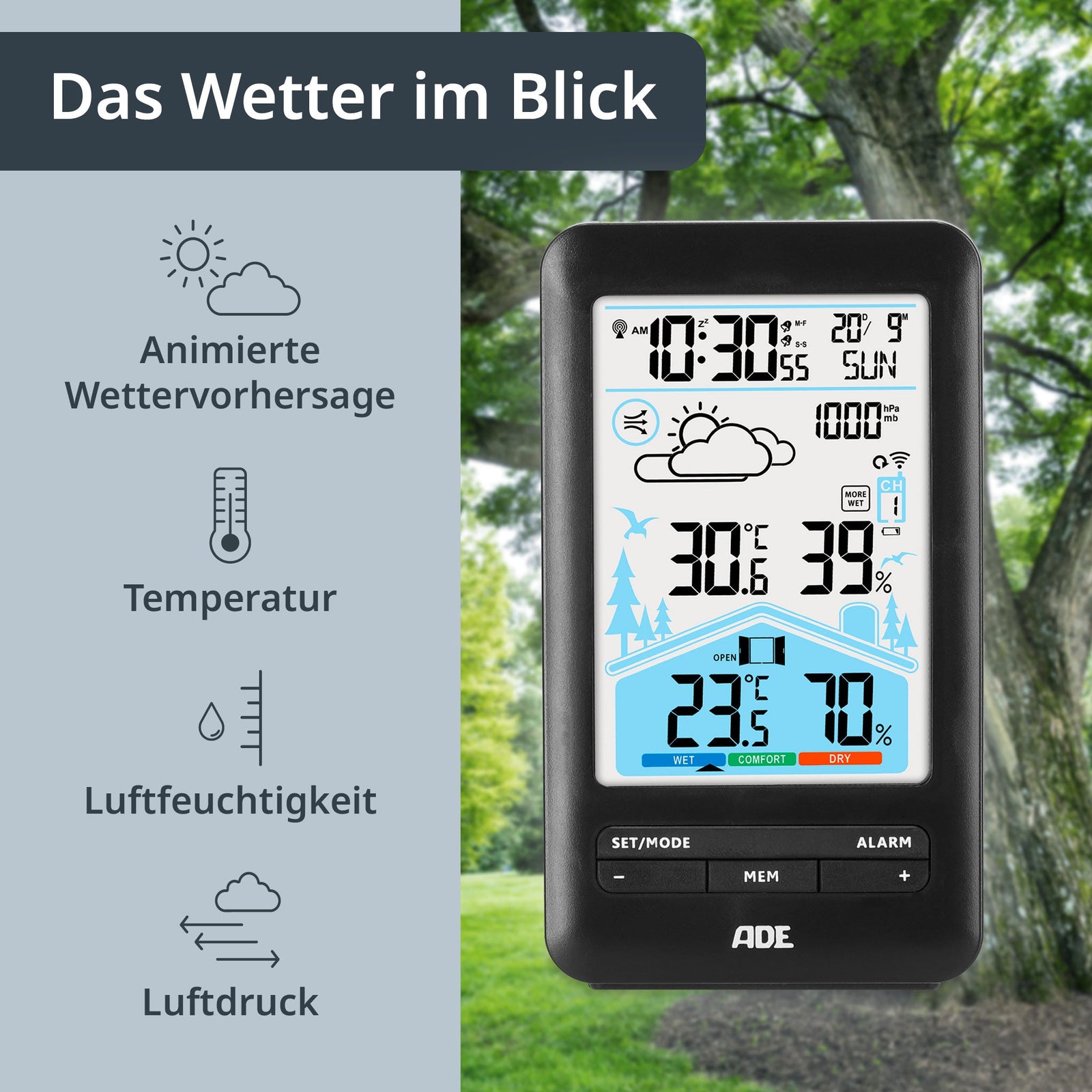 ADE-WS2132 - ADE - Wetterstation mit Funk - Außensensor, schwarz, mit DCF - Funkuhr