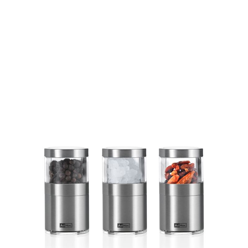 AdHoc - MP20636 - AdHoc - 3tlg. Gewürzmühlen Set Voyage & Basso, D3,8cm, H7,5cm, Edelstahl/Acryl'