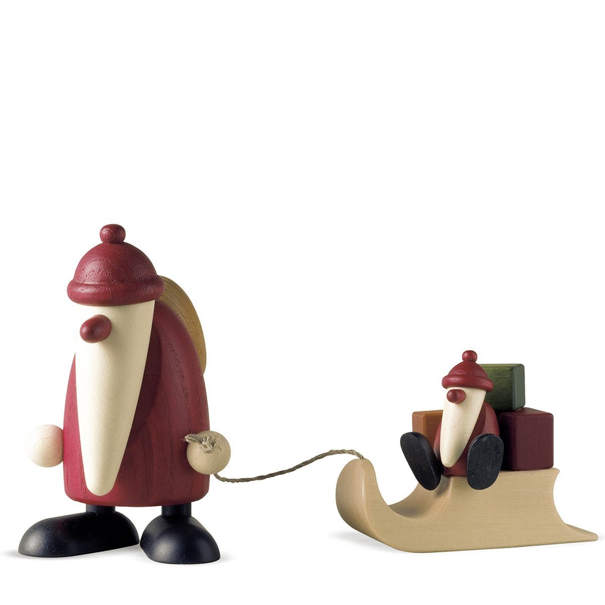 KOE - 6091 - Bjoern Koehler - Weihnachtsmann mit Schlitten und Kind, klein, rot 9cm