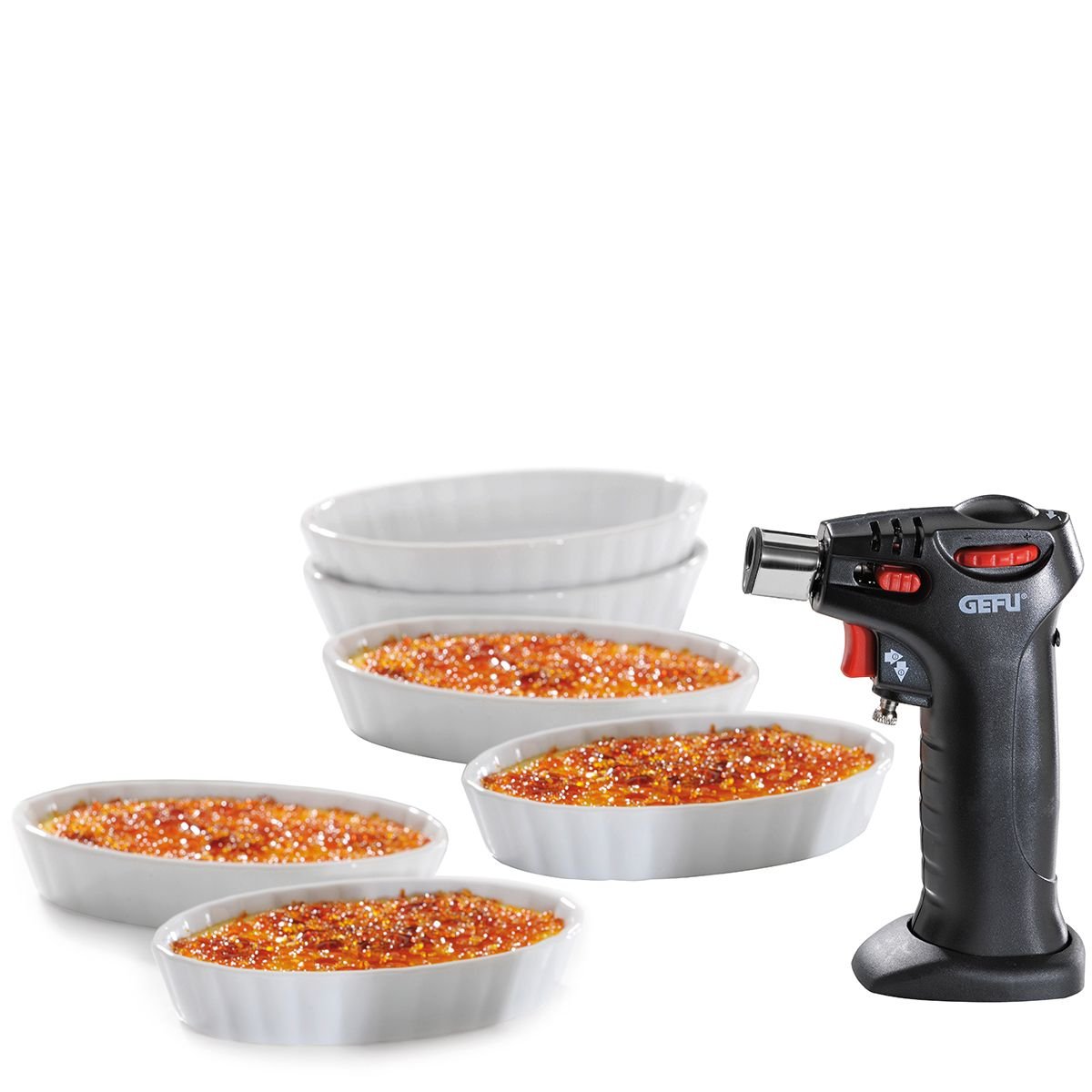 GEF-00040 - Gefu, Crème Brullè Set Carmello, 5 + 2 - tlg., 1 Flambierbrenner, 4 + 2 Porzellanschälchen