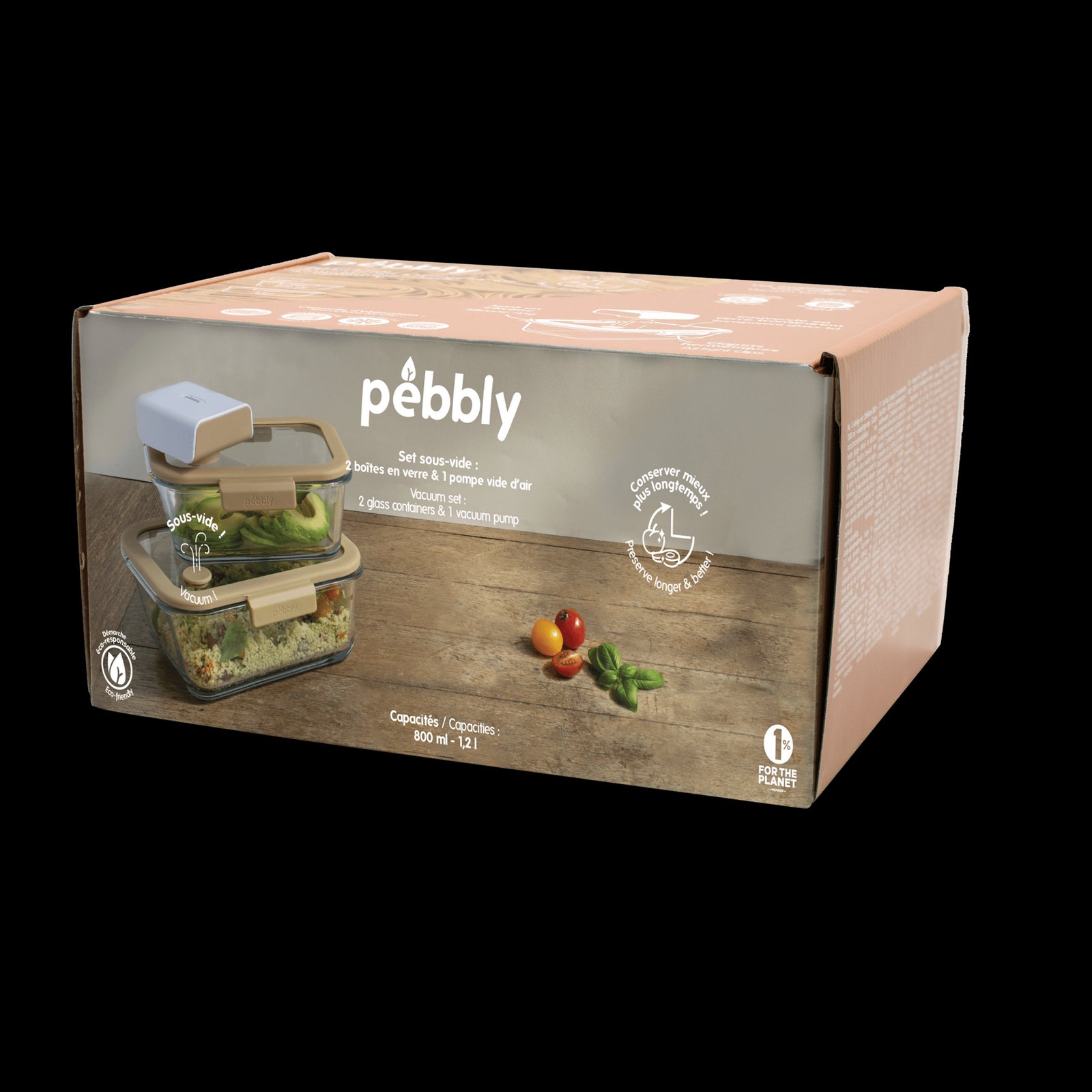 PEB - PKV - 071 - pebbly - 3er Set : 2 rechteckige Boxen & Luftvakuumpumpe