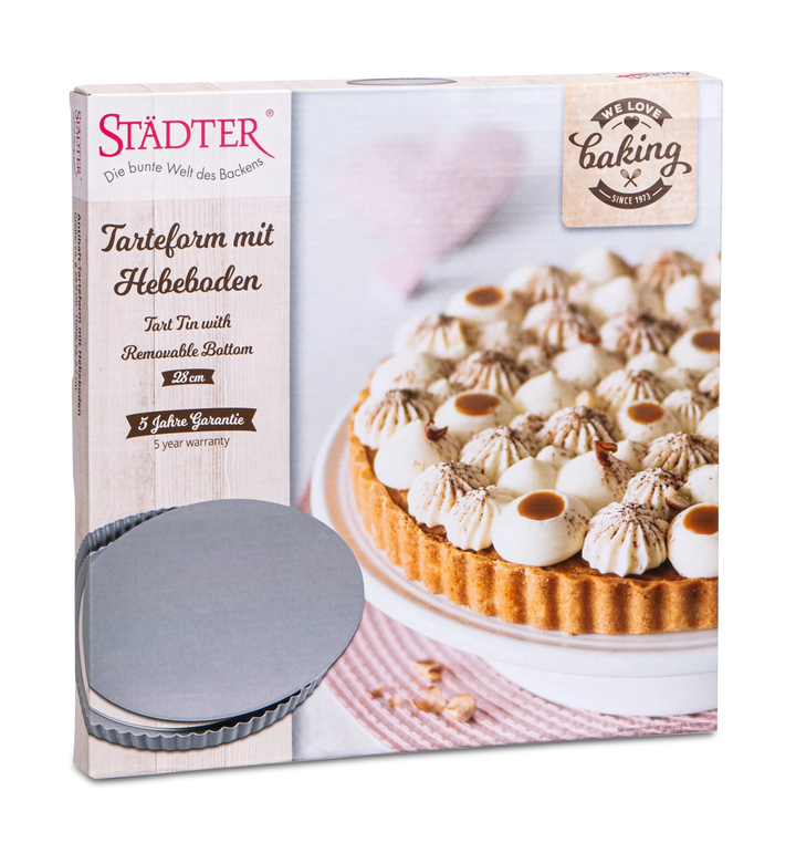 STA-666108 - Städter, Molde desmontable con fondo elevable "We love Baking", D28cm/H2,2cm, metal plateado