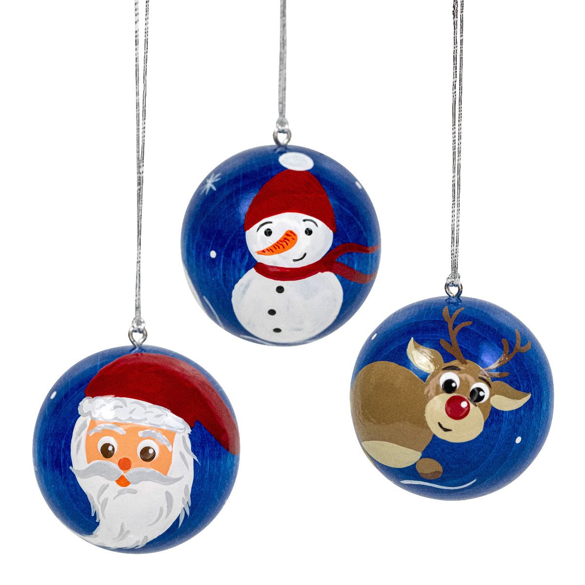 UHL - 199/905 - Uhlig Holzkunst - Weihnachtskugeln blau, Rentier, Schneemann, Weihnachtsmann, 3 Stück 4cm, handbemalt