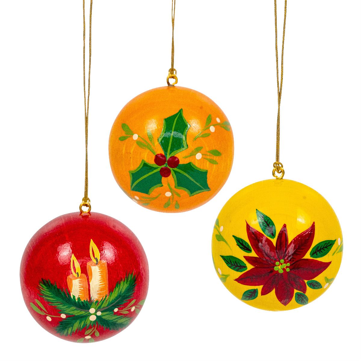 UHL - 199/902 - Uhlig Holzkunst - Weihnachtskugeln rot, orange, gelb, Weihnachtsmotive, 3 Stück 4cm, handbemalt