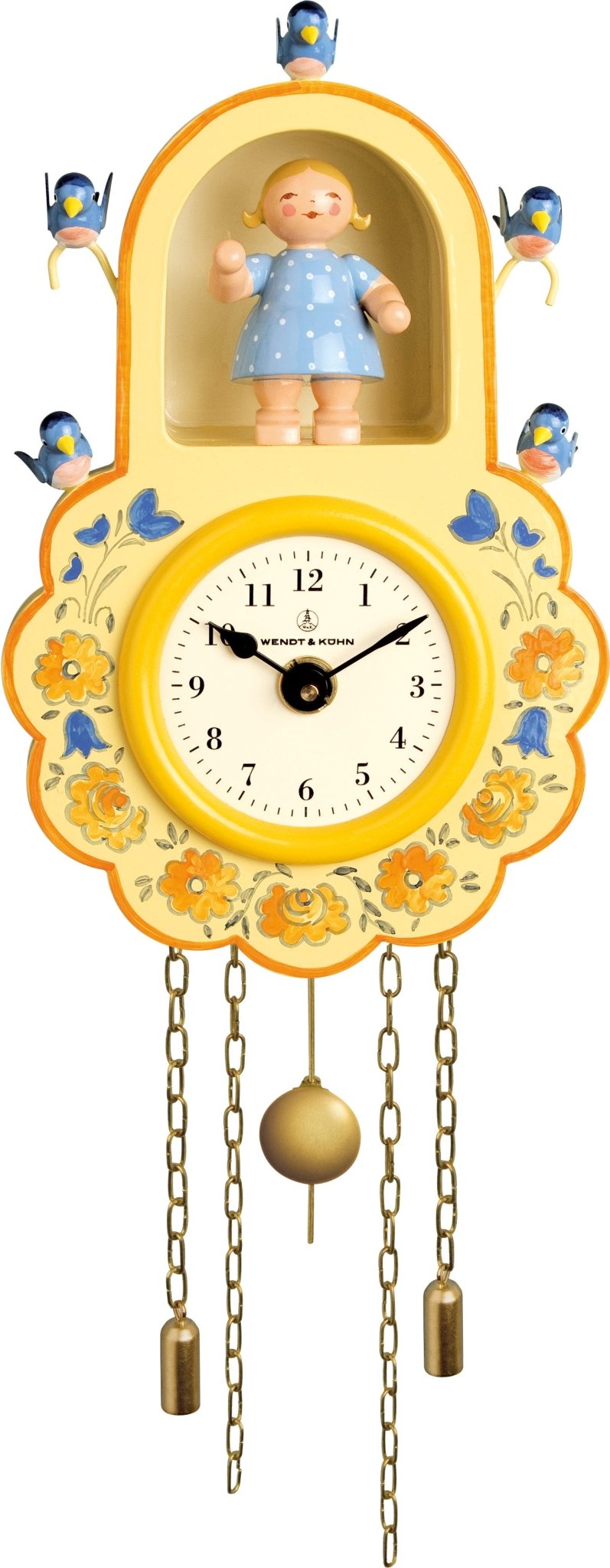 WUK - 5202/1 - Wendt & Kühn Wanduhr 'gelb, mit Mädchen und Vögeln - 14cm'
