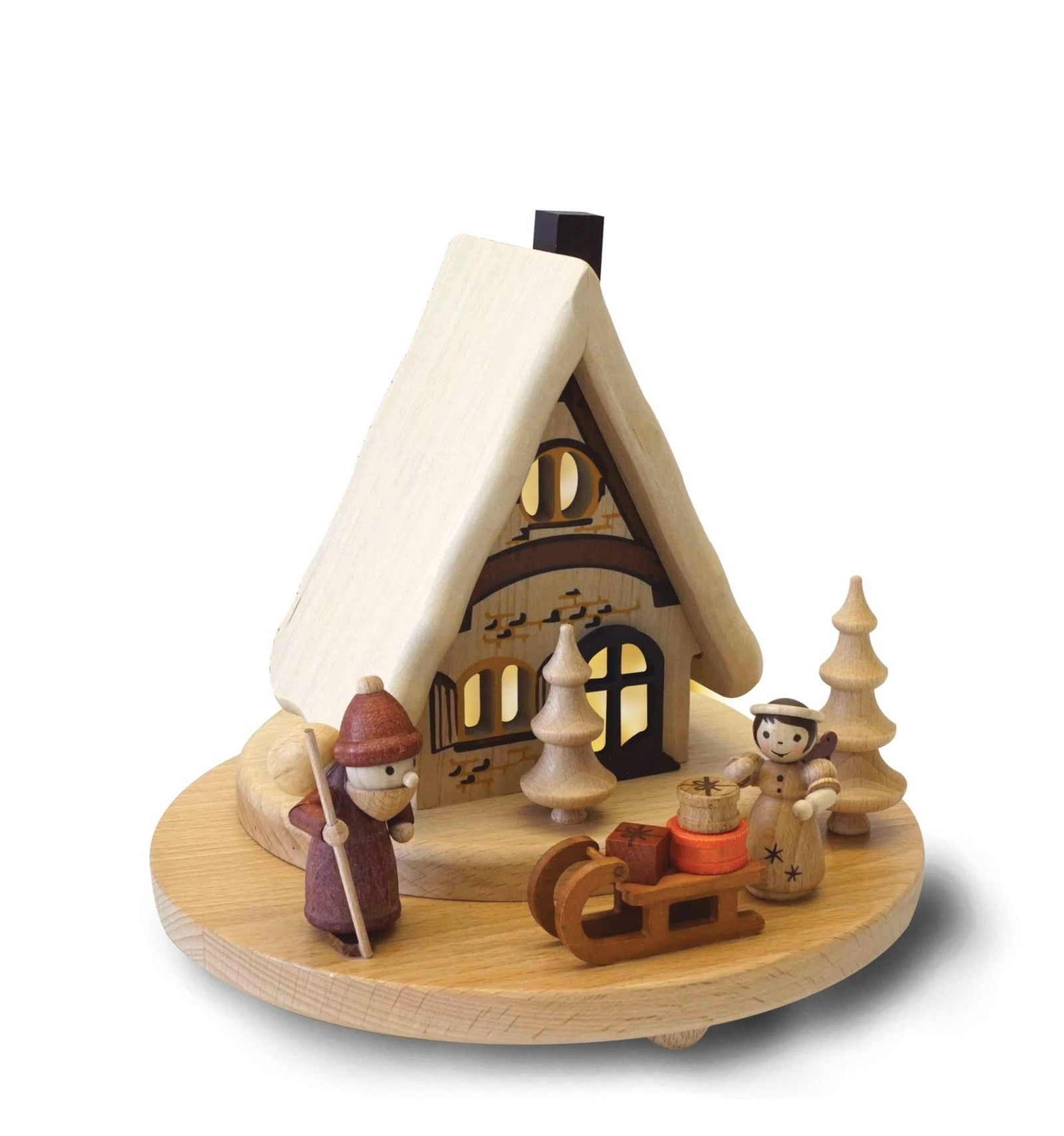 ZEI - 1808 - Zeidler Holzkunst - Lichterhaus mit Weihnachtsmann, Engel mit Schlitten - 18cm h