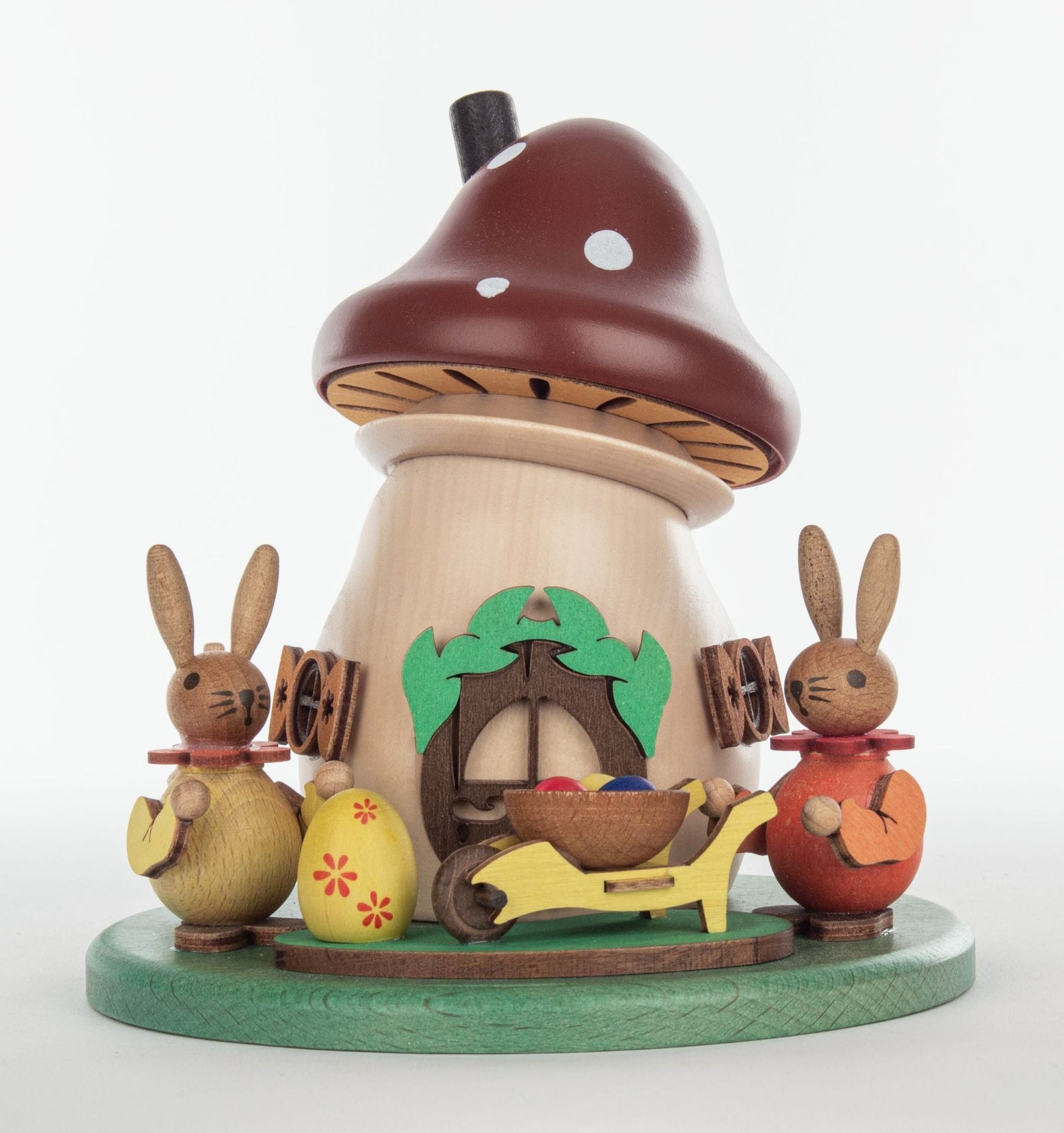 ZEI-5176 - Zeidler Holzkunst - lustiger Räucherpilz Hasenpärchen mit Schubkarre - ca. 15cm