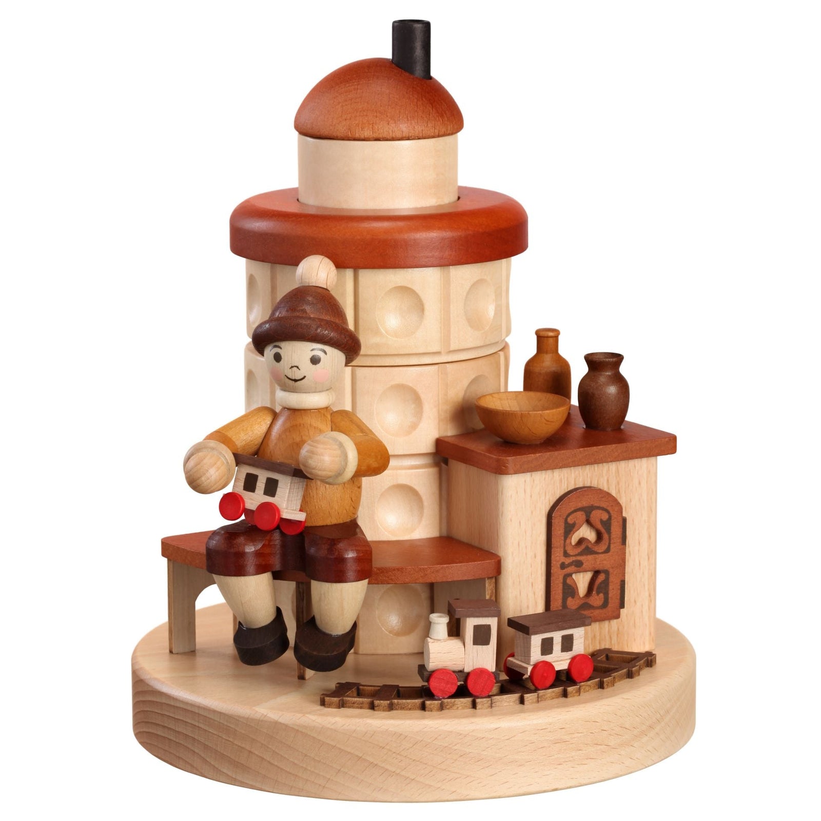 ZEI - 5171 - Zeidler Holzkunst - Räucher - Kachelofen Junge mit Eisenbahn - 21cm
