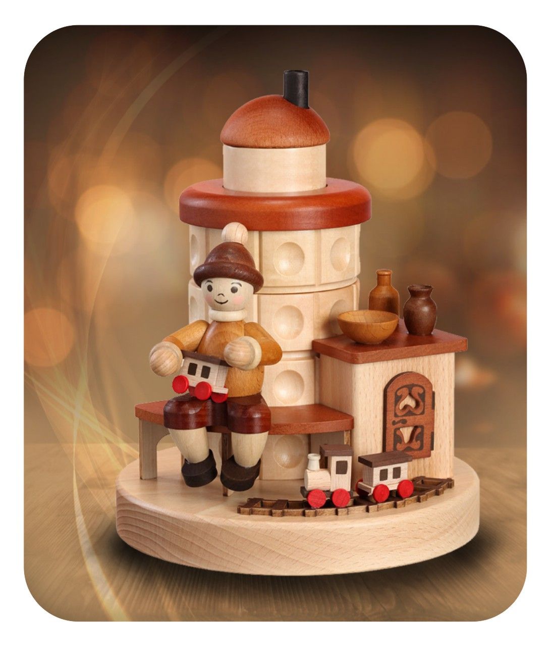 ZEI - 5171 - Zeidler Holzkunst - Räucher - Kachelofen Junge mit Eisenbahn - 21cm