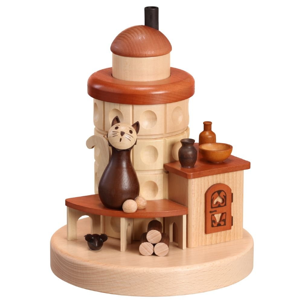 ZEI - 5170 - Zeidler Holzkunst - Räucher - Kachelofen mit Katze auf Ofenbank - 20cm