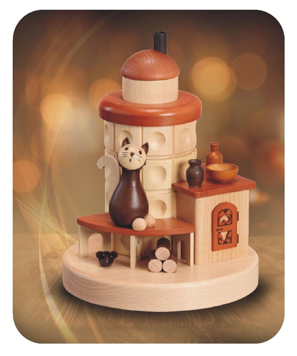 ZEI - 5170 - Zeidler Holzkunst - Räucher - Kachelofen mit Katze auf Ofenbank - 20cm