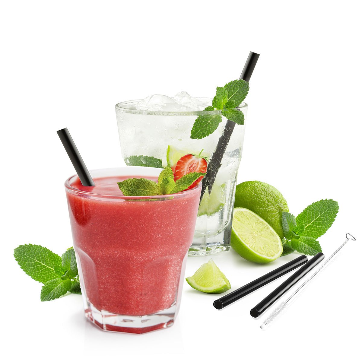 GEF - 12712 - Gefu, Glastrinkhalm FUTURE 13cm schwarz, 4 Stück mit Bürste