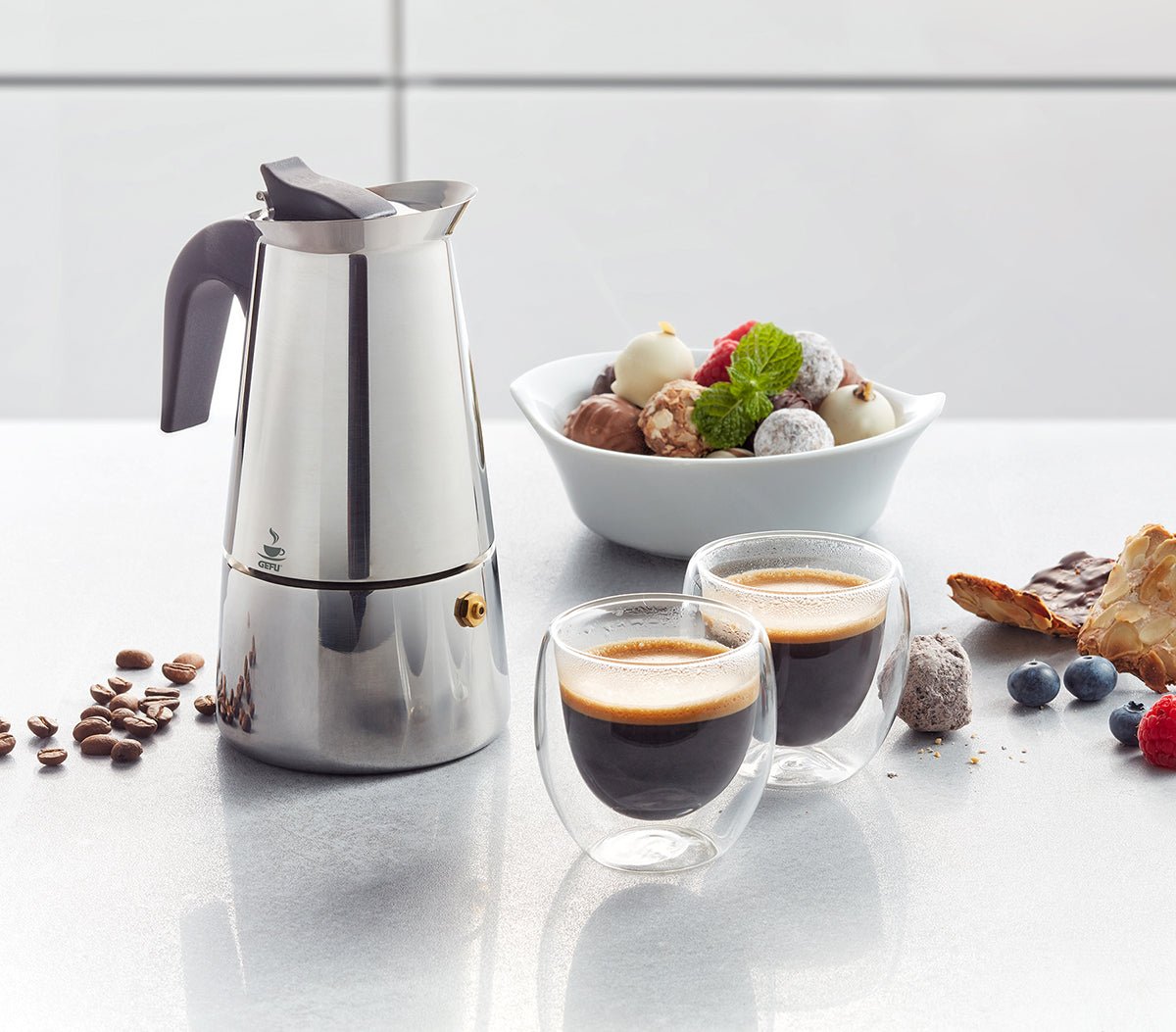 GE00108 - GEFU 'Set Espressokocher EMILIO + 2 Espressogläser'