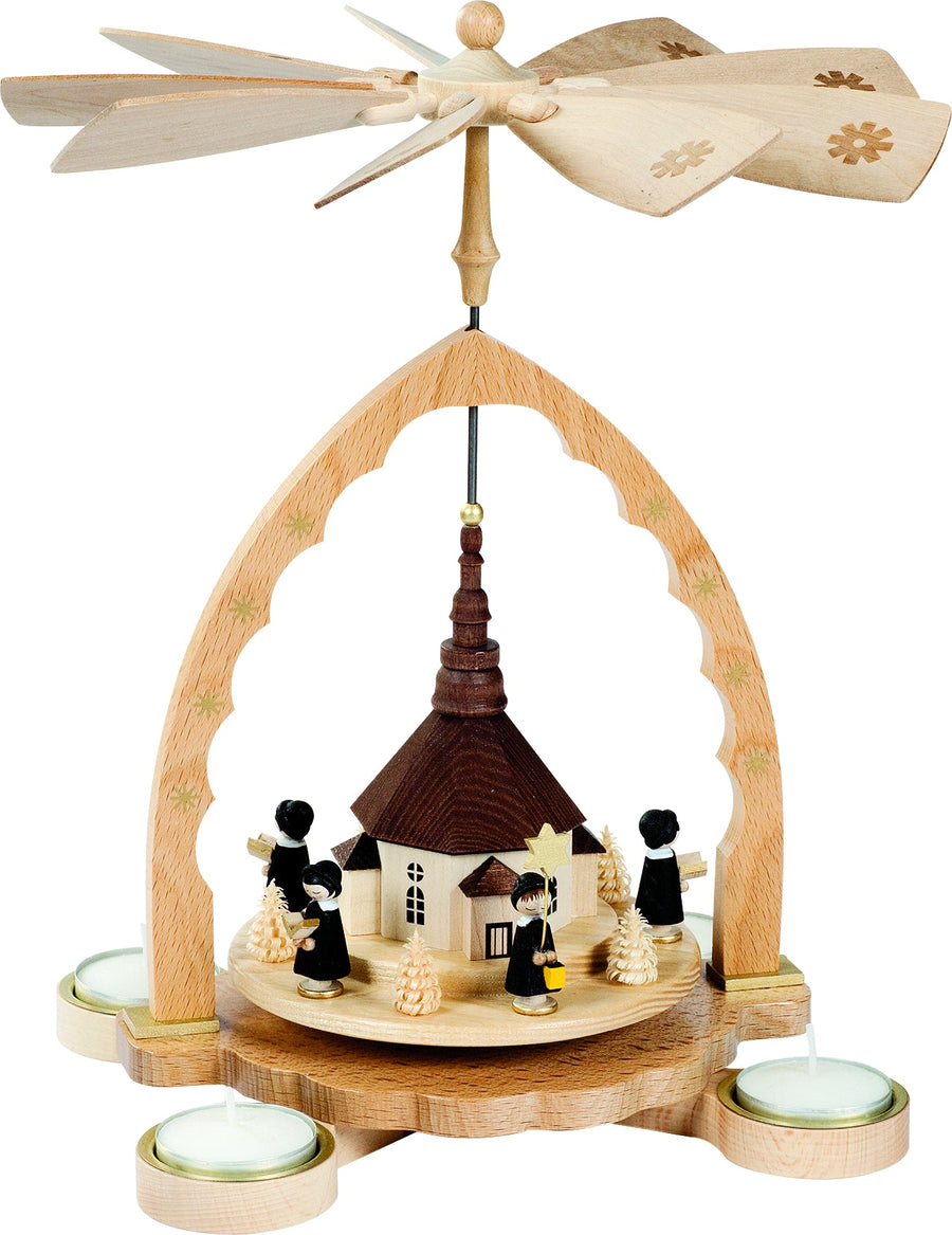 Glässer Volkskunst 'Pyramide Seiffener Kirche mit Kurrende, für Teelichte'-RGL-16099